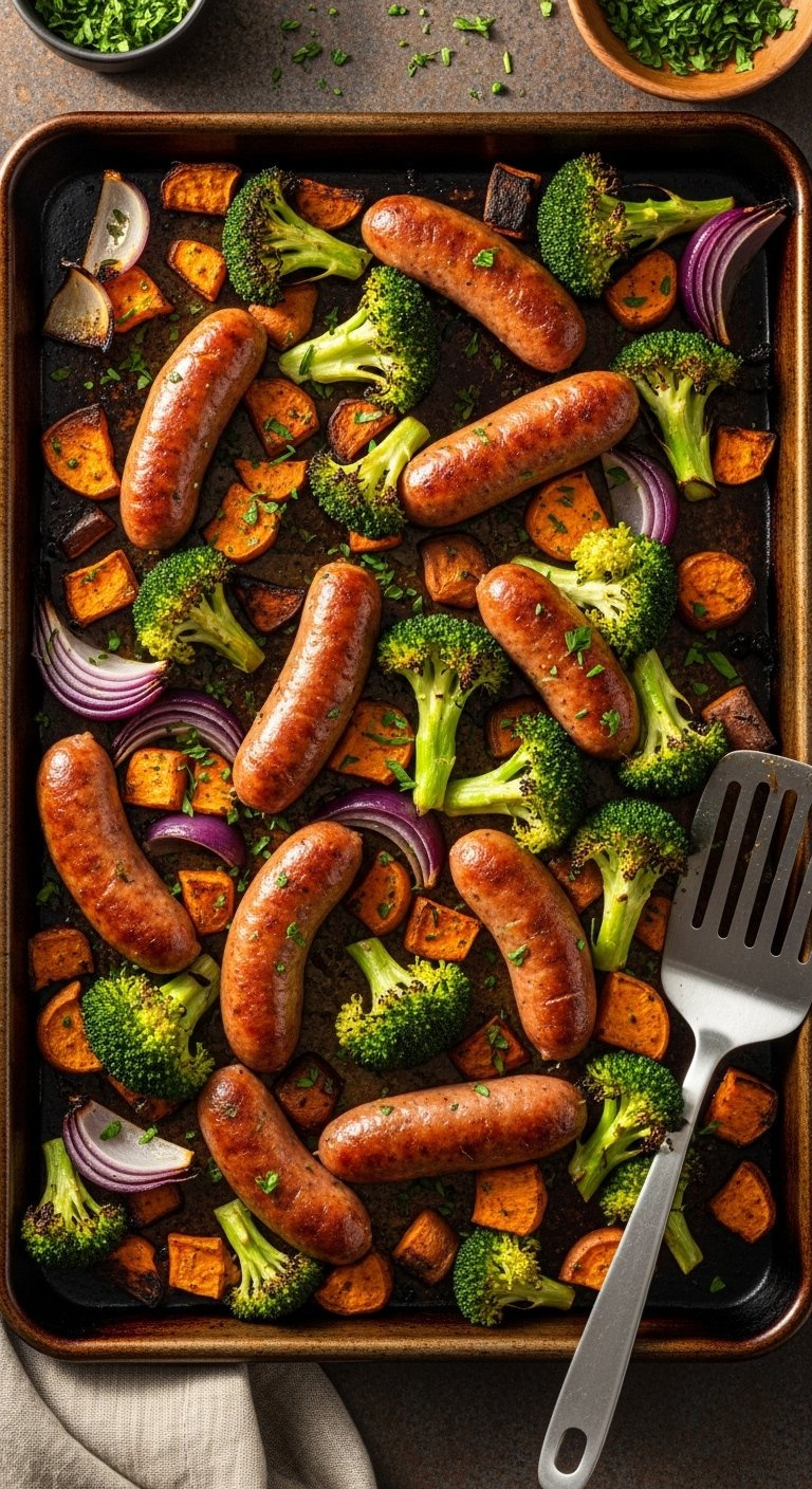 Sheet Pan Roasted Italian Sausage With Sweet Potatoes, Broccoli, And Red Onion Slices.