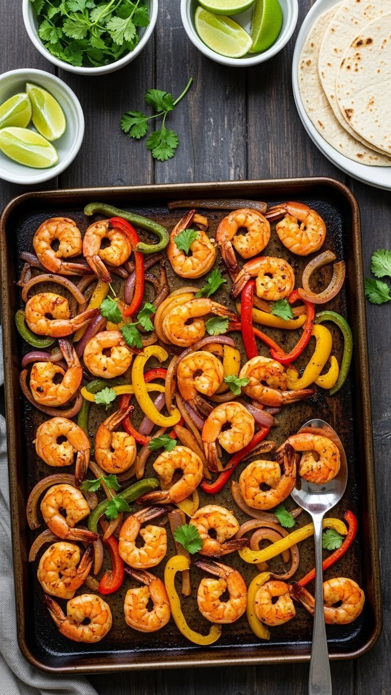 Sheet Pan Shrimp Fajitas With Colorful Bell Peppers And Onions Tossed In Smoky Seasoning