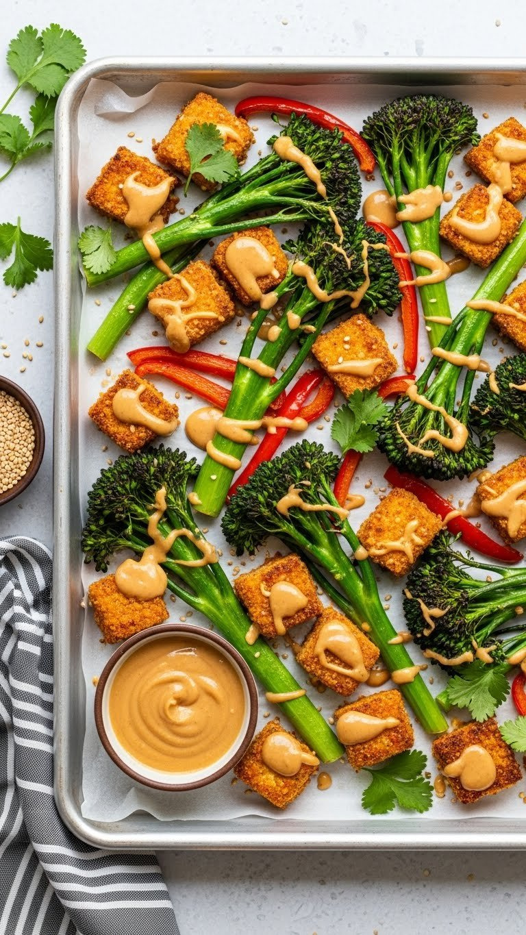 Sheet Pan Tofu With Crispy Cubes, Broccolini, And Red Peppers Drizzled With Rich Peanut Sauce On Parchment Paper.