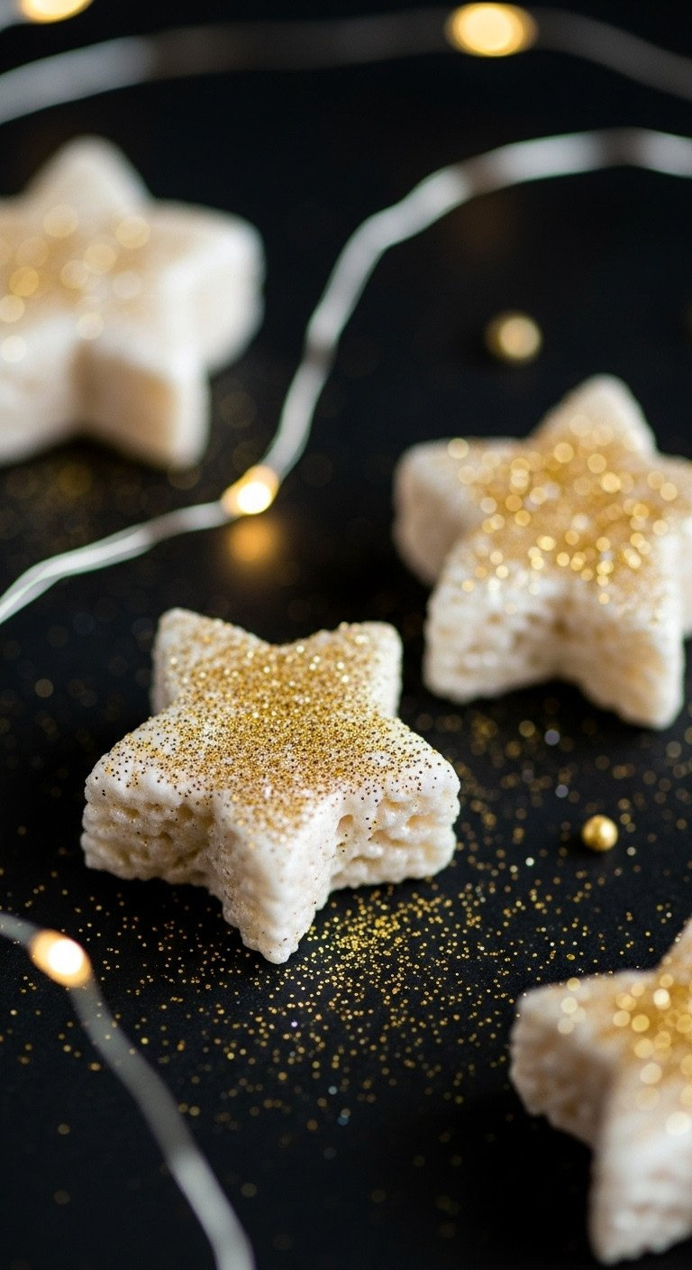Shimmering Gold Glitter Covered Rice Krispie Stars On A Dark Black Velvety Surface With Soft Fairy Lights.