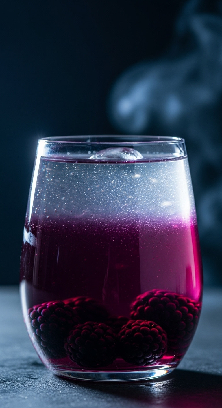 Shimmering Layered Blackberry Purple Cocktail In Stemless Wine Glass, Fresh Berries, Smoke. Enchanting Halloween Potion.