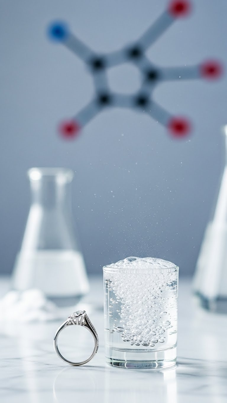 Shimmering Silver Ring Next To Chemical Reaction Showing Baking Soda Electrolytic Reduction Process On Sterile Surface