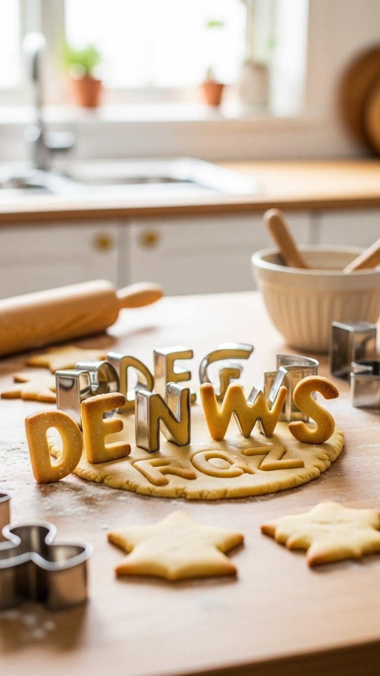 Shiny Metallic Alphabet Cookie Cutters Embedded In Golden Dough Surrounded By Freshly Baked Sugar Cookies On A Wooden Countertop
