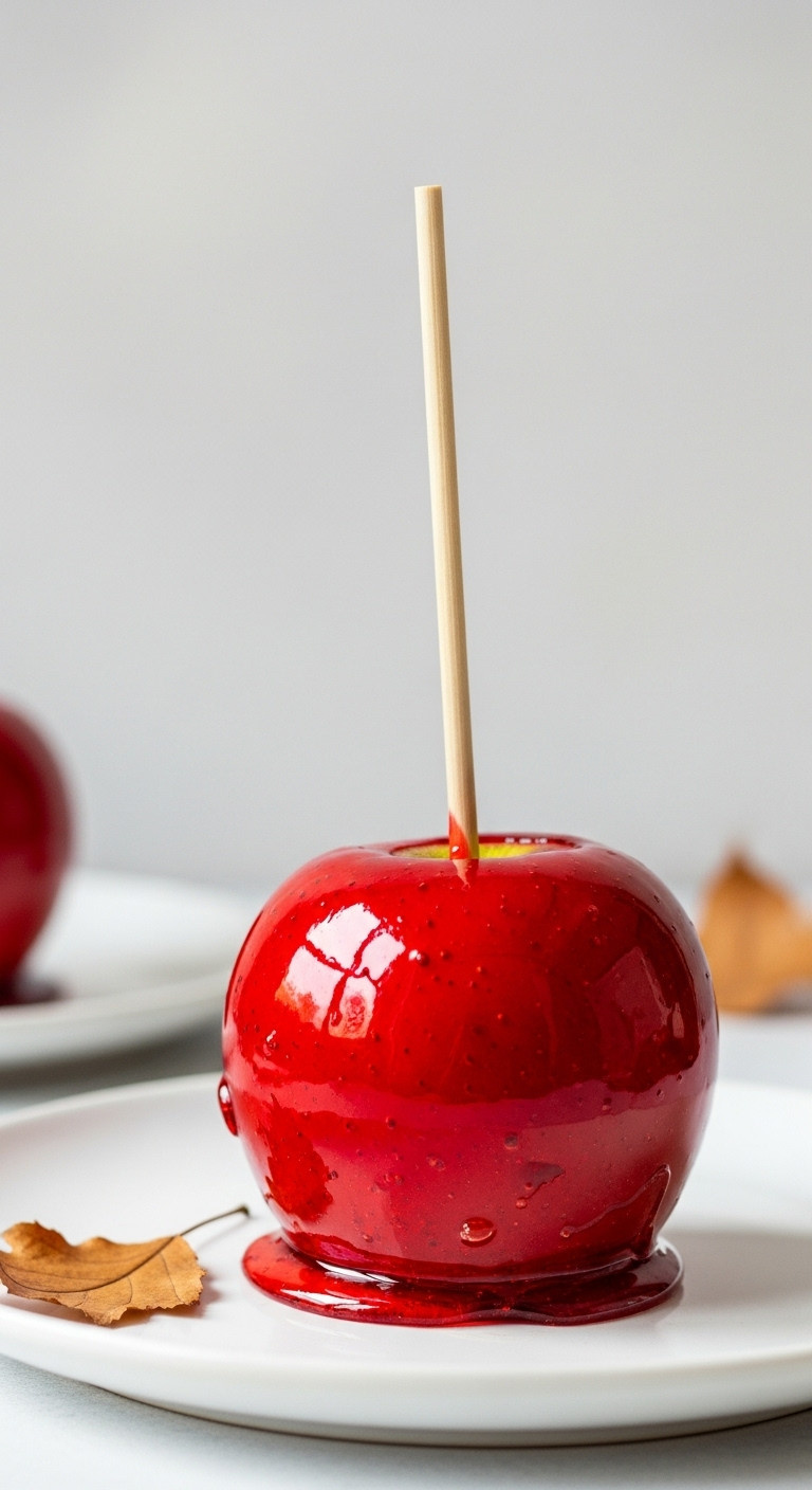 Shiny Red Candied Apple With A Wooden Stick On A White Plate, Autumn Leaves. Classic Carnival Fall Treat Recipe.