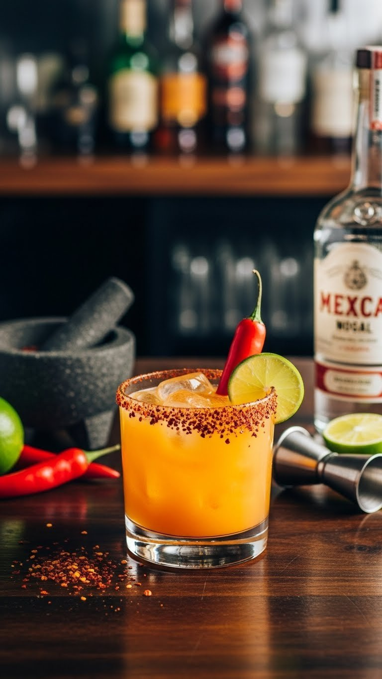 Short Cocktail Glass With Spicy Mango Cocktail Rimmed With Tajin And Garnished With Chili Pepper