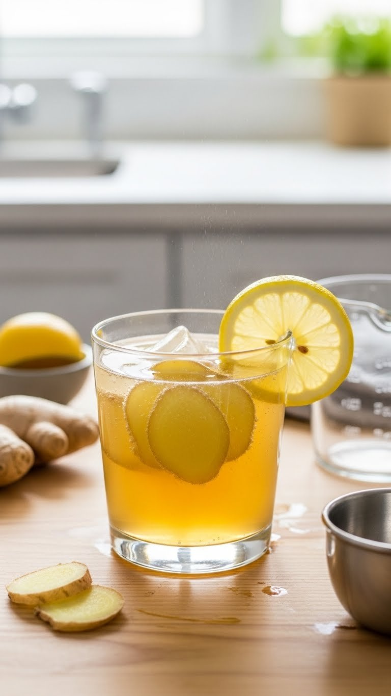 Short Glass Of Homemade Low-Sugar Ginger Ale With Ginger Slices And Lemon Wedge On Light Wooden Table