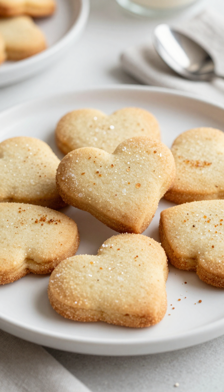 Shortbread Cookies Dusted With Natural Colored Sugars On White Ceramic Plate With Silver Spoon And Linen Napkin