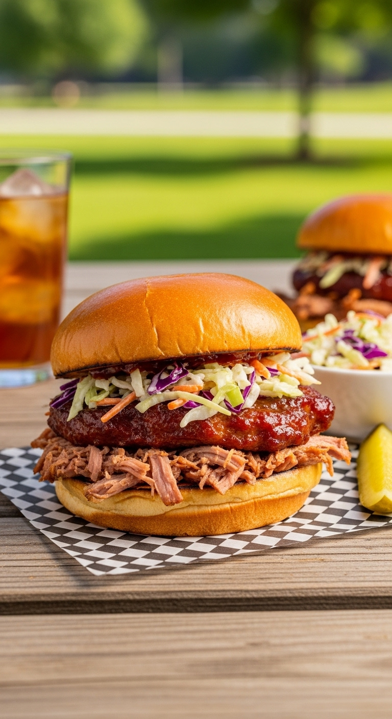 Shredded Bbq Pork Chop Sandwich On Brioche With Coleslaw, Iced Tea, And Pickle On A Picnic Table In Sunny Outdoor Light