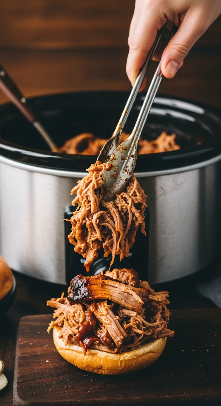 Shredded Bbq Pulled Pork On Brioche Bun With Slow Cooker In Background