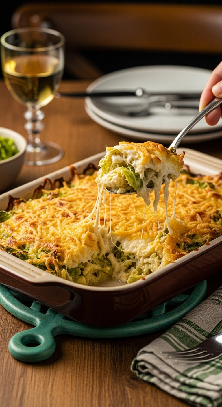 Shredded Brussels Sprout Casserole With Bubbly Golden Cheese Crust In A Rustic Baking Dish With A Scoop Taken Out
