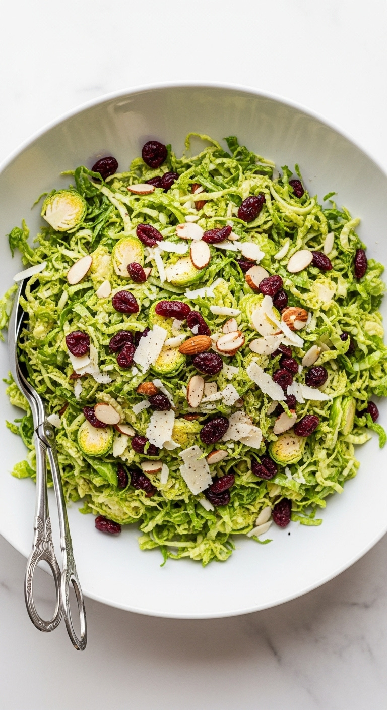 Shredded Brussels Sprout Salad With Cranberries Parmesan And Almonds In A White Bowl On Marble With Natural Light