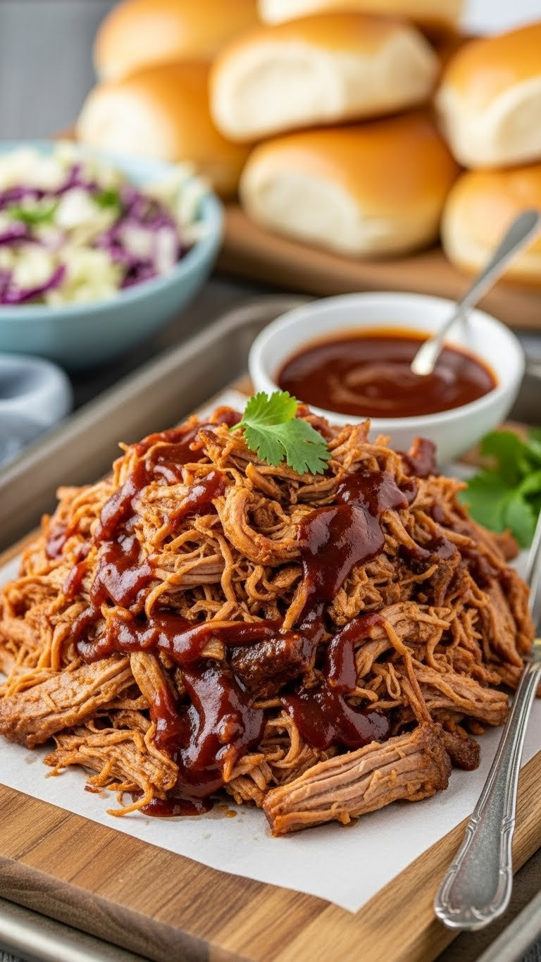 Shredded Instant Pot Gluten-Free Pulled Pork With Tangy Bbq Sauce On A Rustic Wooden Board, With Blurred Buns In Background.