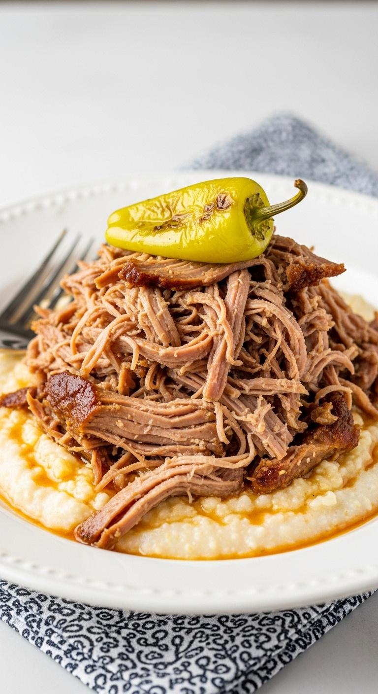 Shredded Mississippi Pork Chop On Creamy Grits With A Pepperoncini In A White Bowl On A Kitchen Table In Clean Light