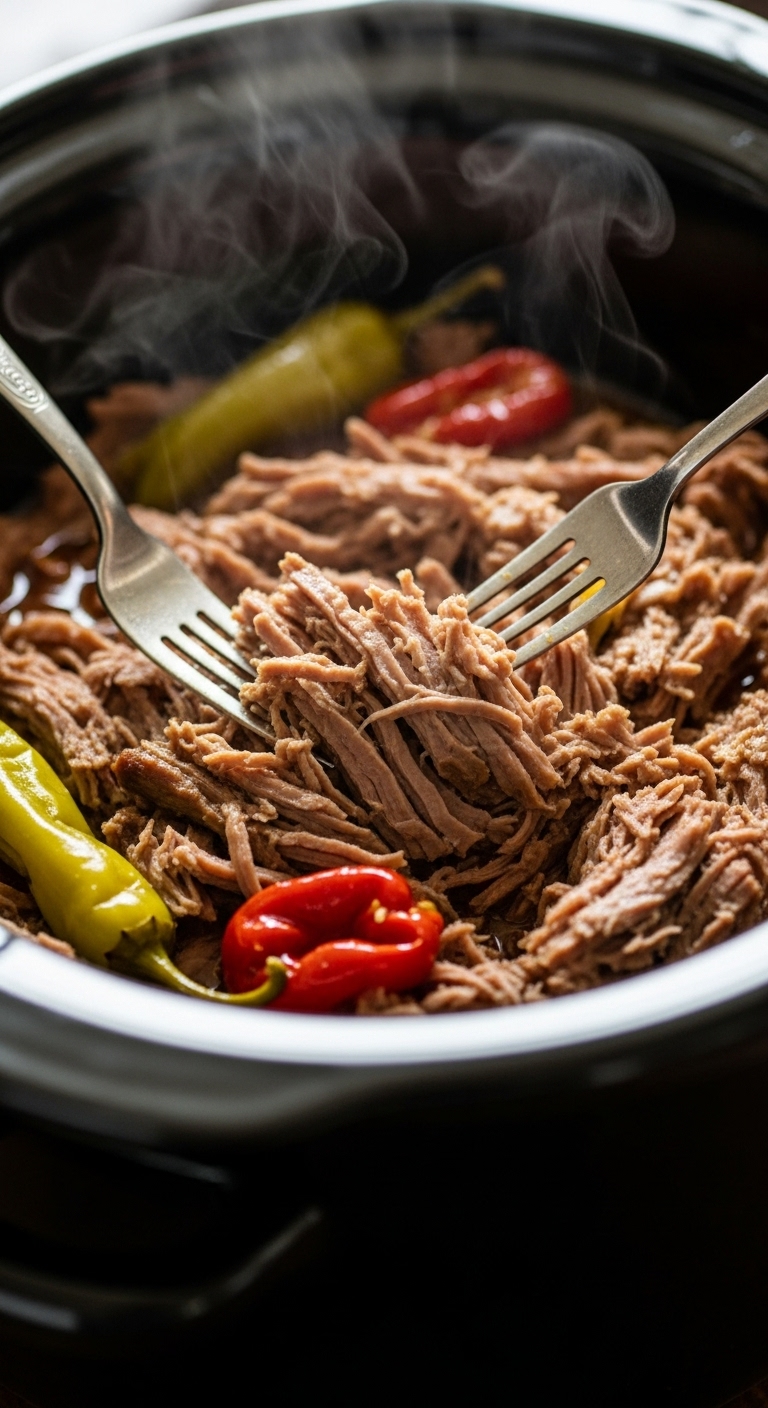 Shredded Mississippi Pot Roast With Pepperoncini Peppers In A Crockpot