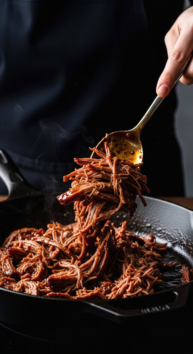 Shredded Beef Tossed In Sticky Dark Caramelized Sauce In A Hot Cast Iron Skillet.