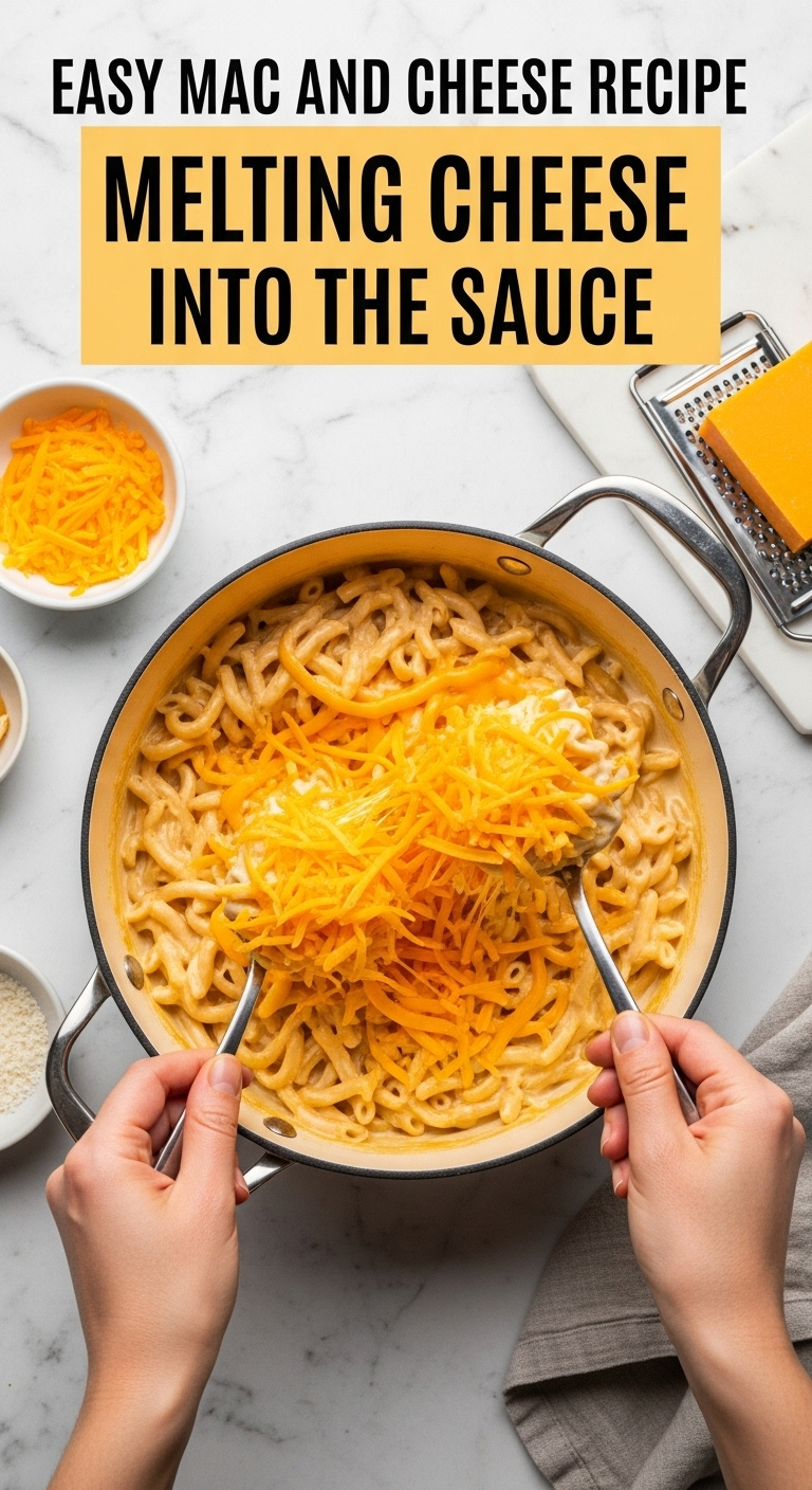 Shredded Cheddar Cheese Being Stirred Into Creamy Pasta In A Pot Creating Melted Cheese Pulls For An Easy Mac And Cheese Recipe