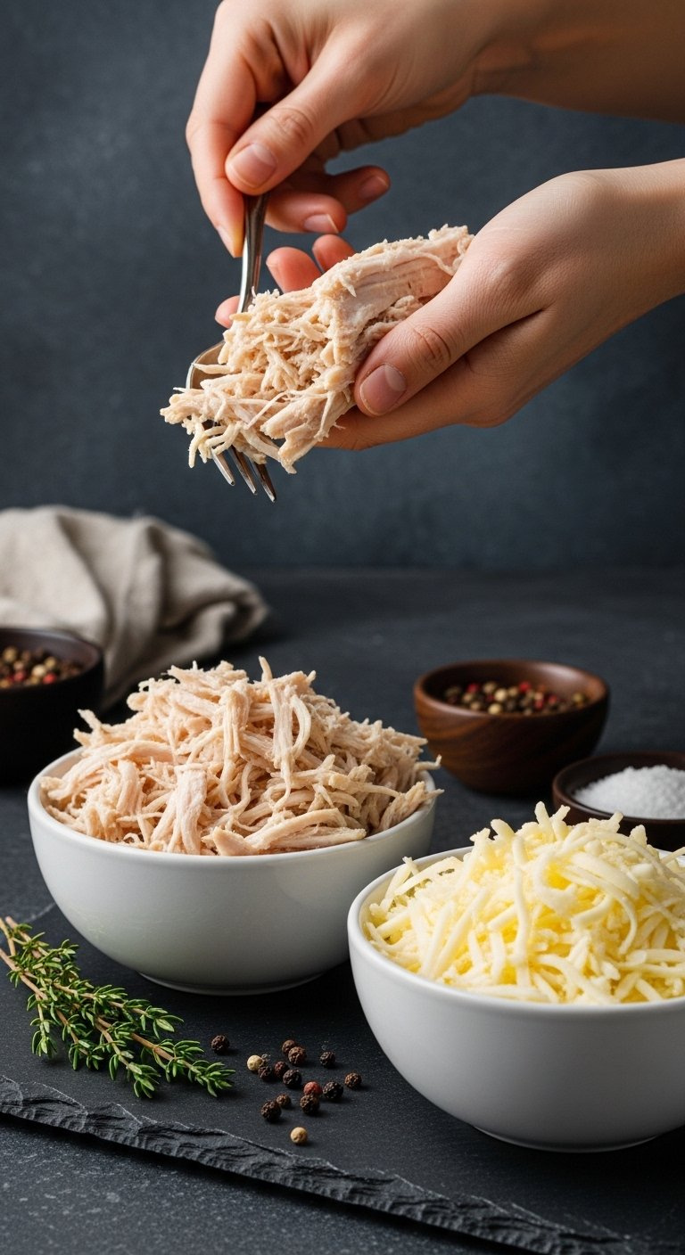 Shredded Chicken And Monterey Jack Cheese Filling In White Bowls With Fresh Thyme On A Dark Slate Surface.
