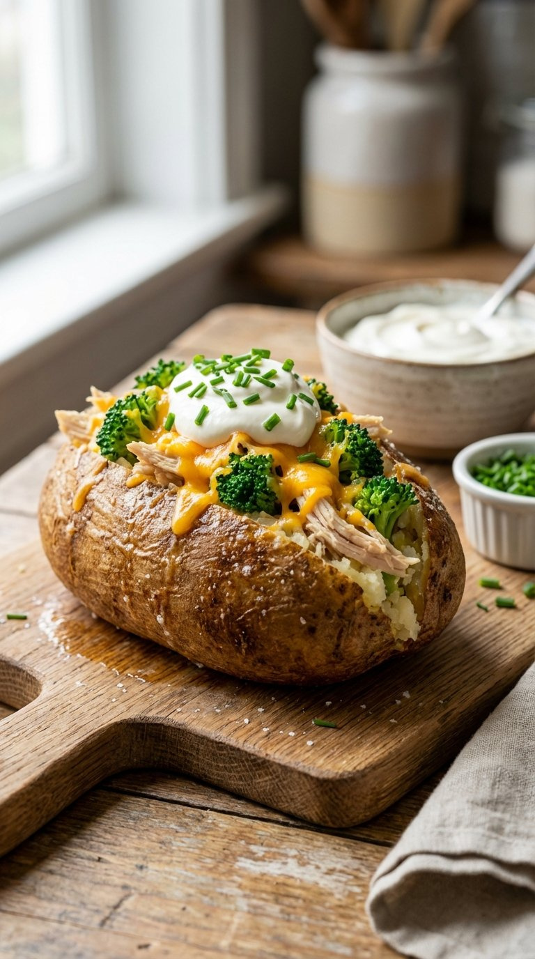 Shredded Chicken And Broccoli Cheddar Baked Potato With Sour Cream And Fresh Chives On Rustic Wooden Table
