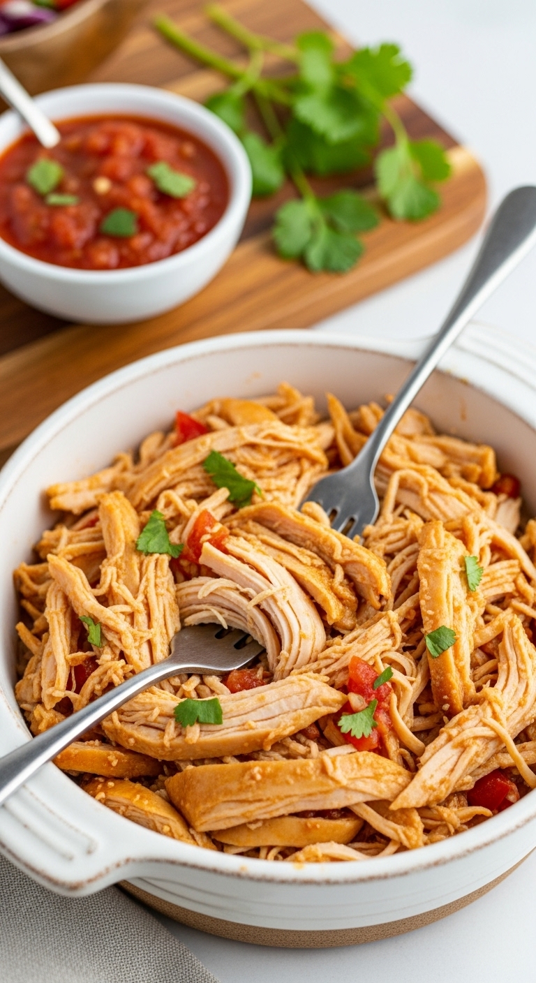 Shredded Chicken With Salsa And Cilantro In A Rustic Bowl