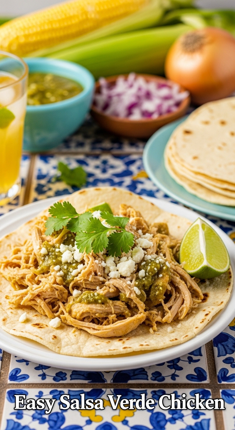 Shredded Easy Salsa Verde Chicken Tacos In Warm Corn Tortillas Topped With Cotija Cheese And Fresh Cilantro