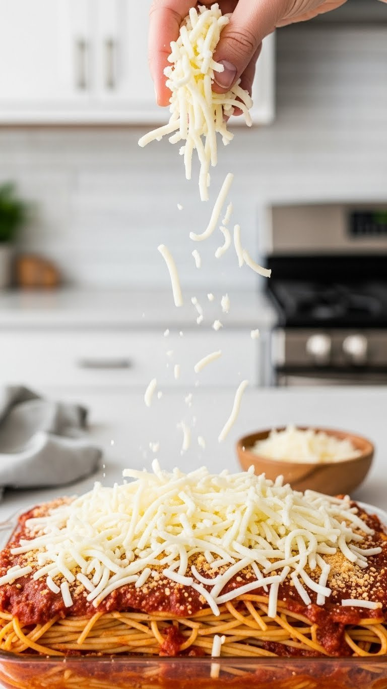 Shredded Mozzarella Cheese Being Sprinkled Over Layered Baked Spaghetti Casserole Ready For Baking.