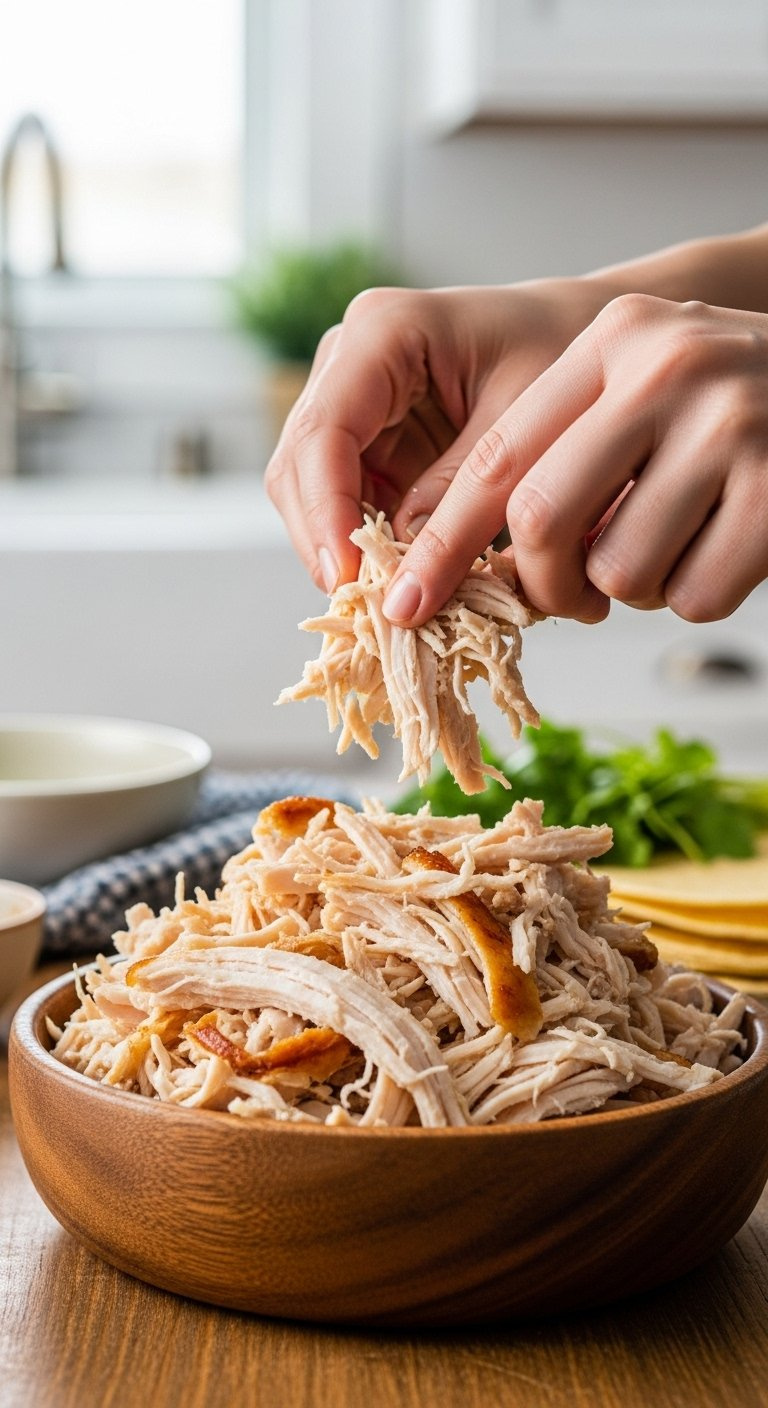Shredded Rotisserie Chicken With Golden Skin In A Rustic Wooden Bowl Garnished With Fresh Cilantro.