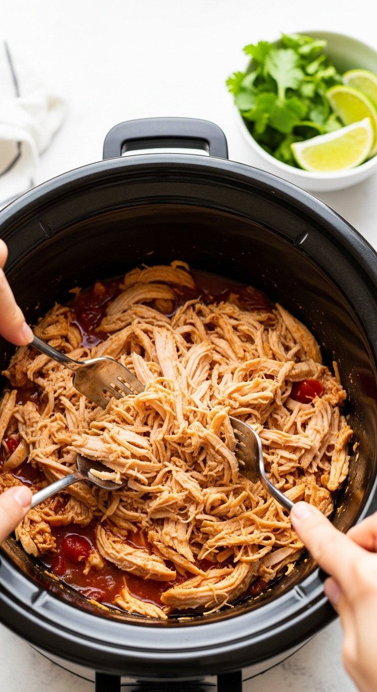Shredded Salsa Chicken In Crockpot With Forks, Cilantro, And Lime Wedges