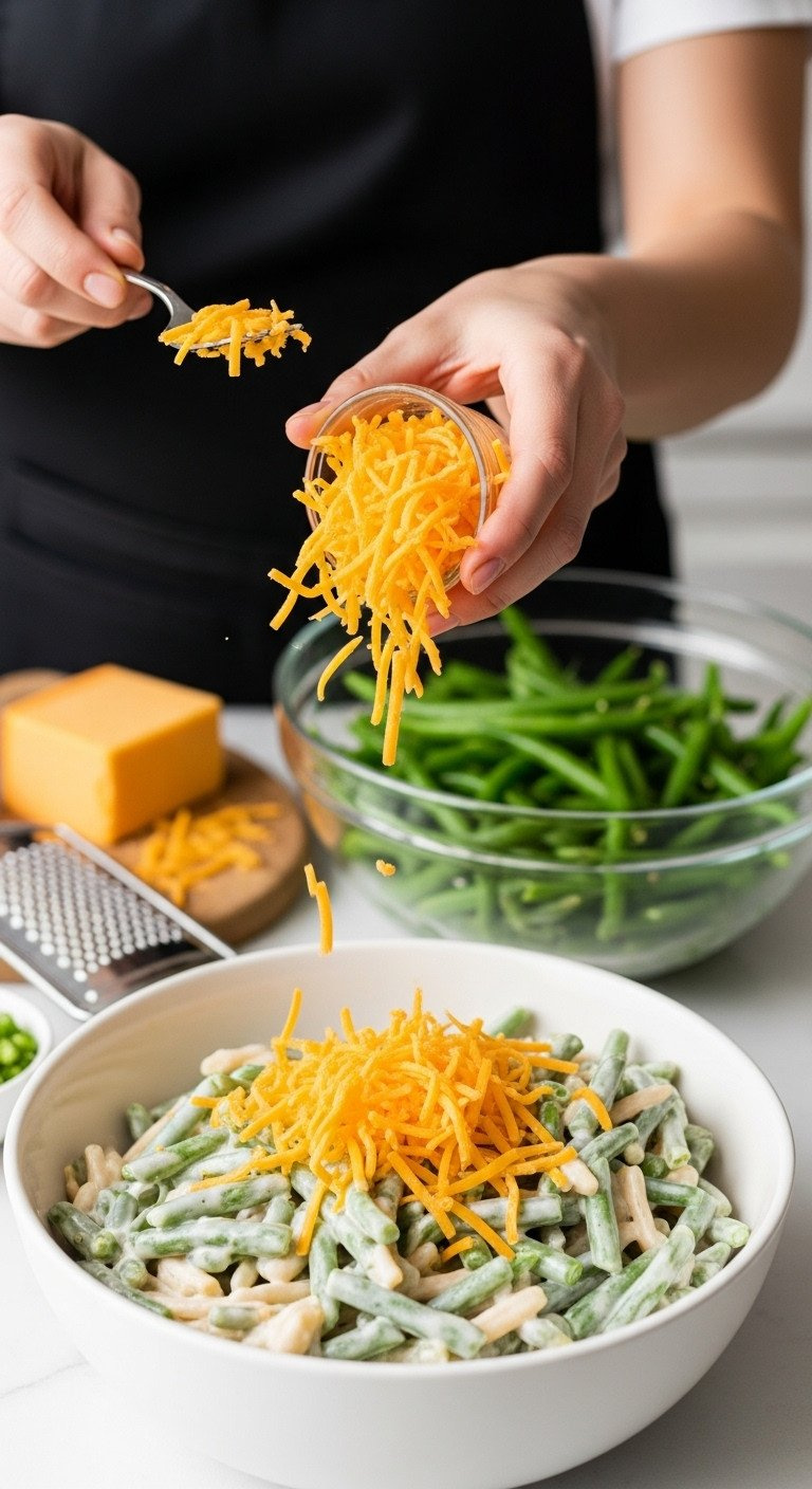 Shredded Sharp Cheddar Cheese Falling Into Creamy Green Bean Casserole Mixture, Preparing A Delicious Recipe.
