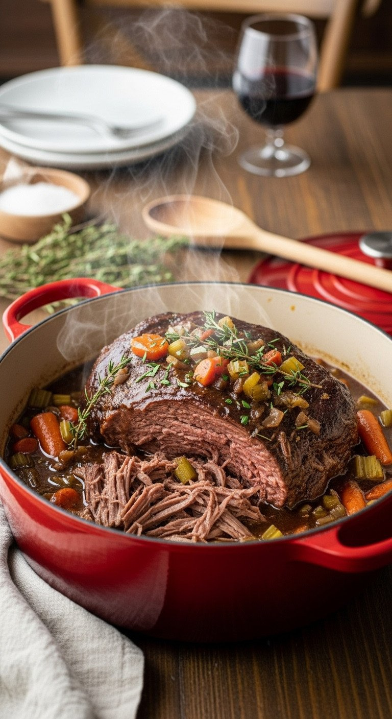 Shredded Venison Shoulder Roast In A Red Dutch Oven, Braised With Carrots, Celery, Onions, And Rich Liquid.
