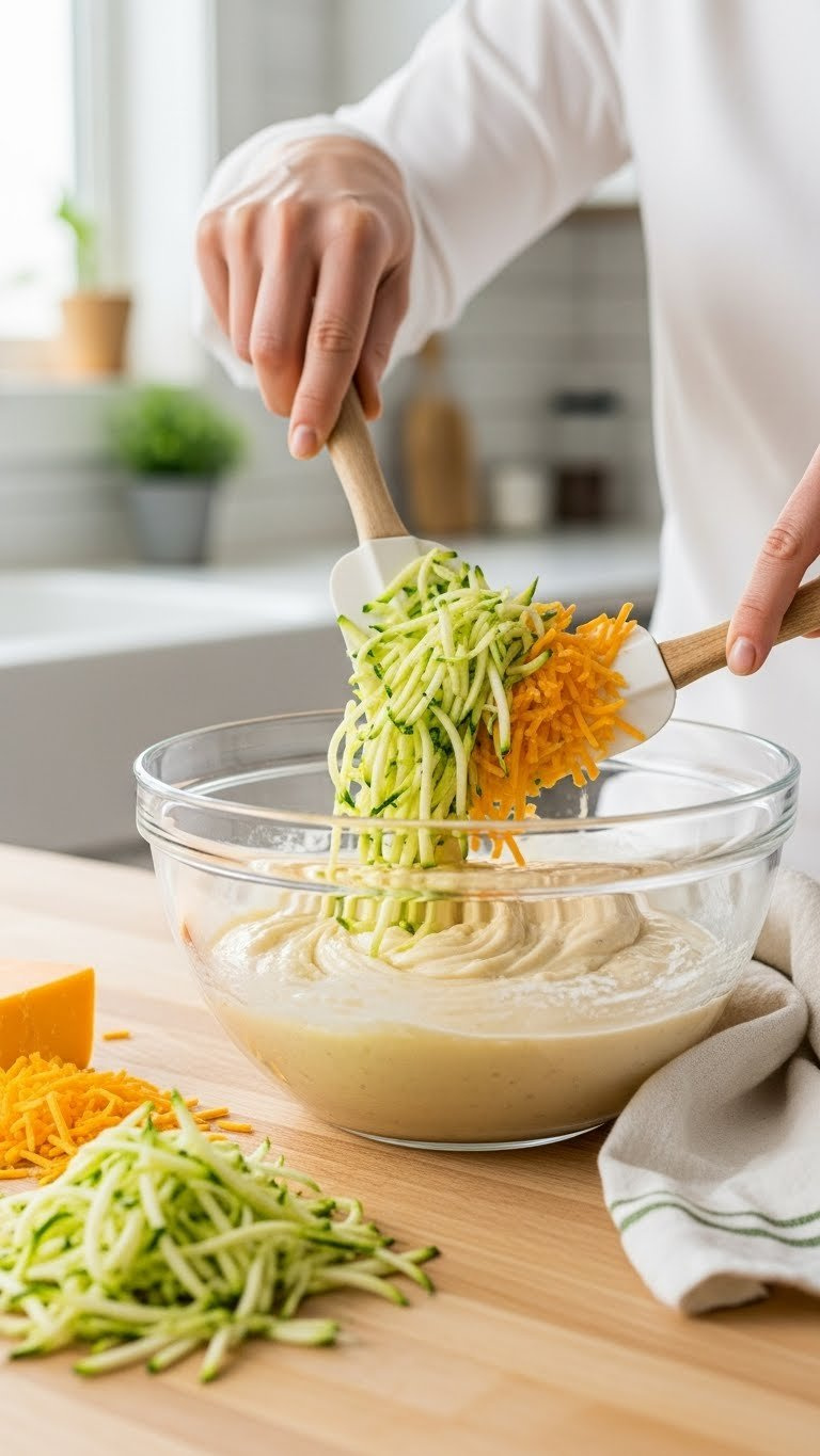 Shredded Zucchini And Sharp Cheddar Cheese Being Folded Into Batter With Silicone Spatula In Mixing Bowl