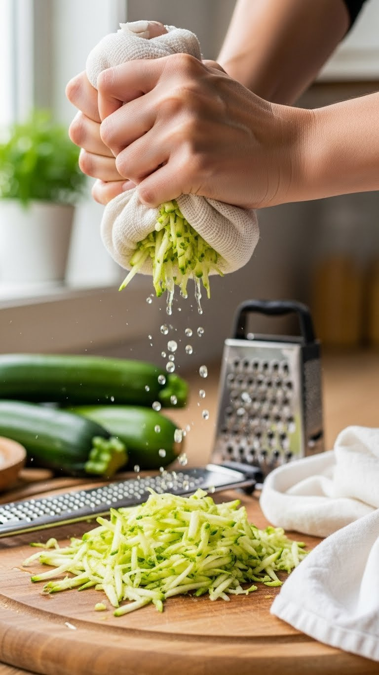 Shredded Zucchini Being Squeezed In Kitchen Towel With Water Droplets On Rustic Wooden Cutting Board