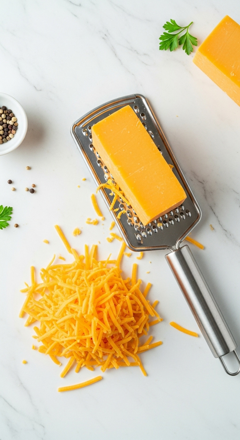 Shredding A Block Of Sharp Orange Cheddar Cheese On A Stainless Steel Box Grater On A White Marble Countertop With Piles Of Fresh Cheese