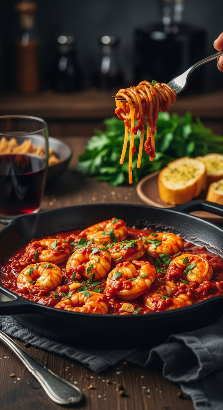 Shrimp Fra Diavolo In A Deep Dark Skillet With Spicy Red Tomato Sauce Garlic Red Pepper And Fresh Parsley