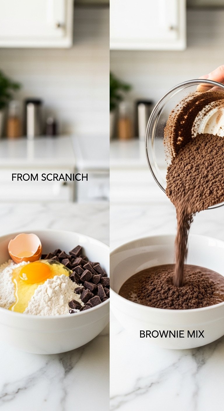 Side-By-Side Bowls Show Fresh Brownie Ingredients Like Eggs And Flour Versus Boxed Mix On A Marble Counter.