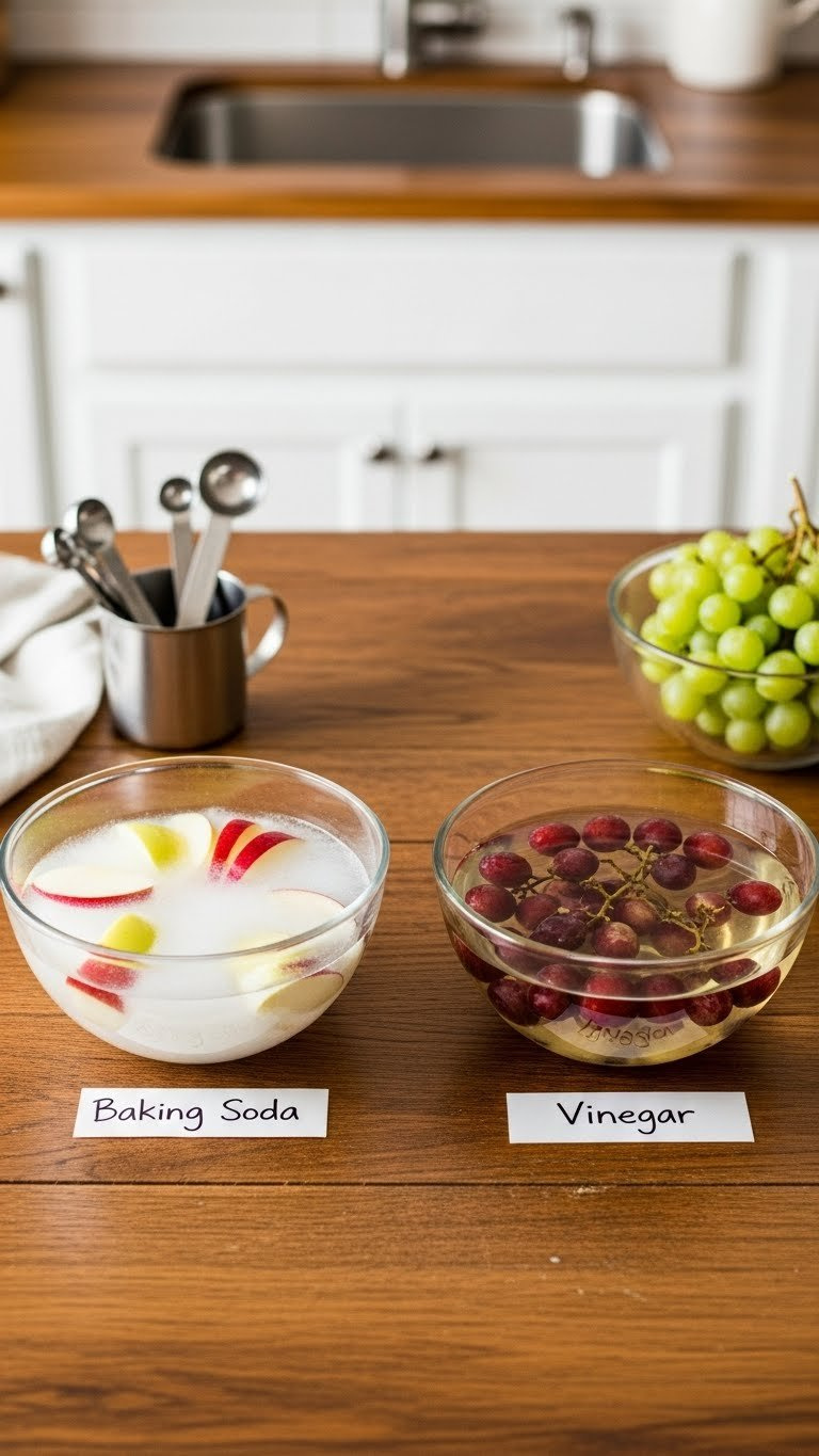 Side-By-Side Comparison Of Baking Soda And Vinegar Fruit Wash Solutions In Identical Glass Bowls With Different Fruits.