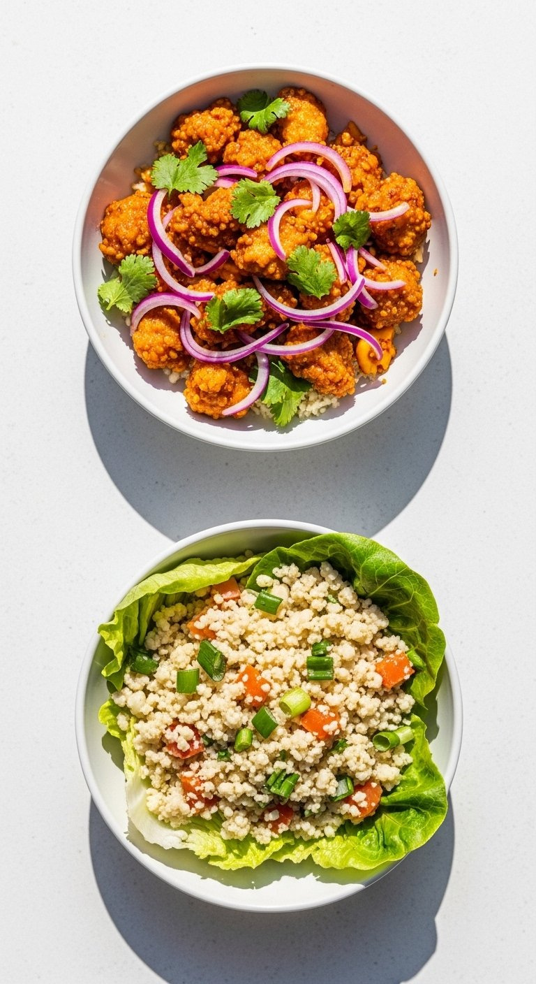 Side-By-Side Comparison Of Classic Bang Bang Chicken Bowl And Low-Carb Cauliflower Rice Version.