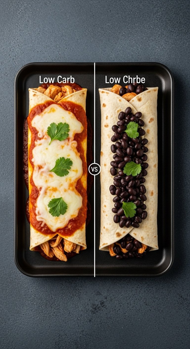 Side By Side Comparison Of Classic Cream Cheese Chicken Enchiladas And Black Bean Variation.