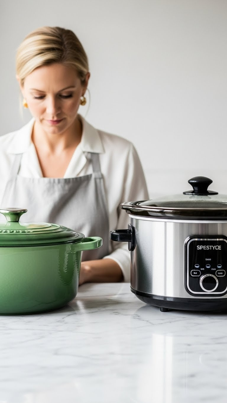 Side-By-Side Comparison Of Enameled Cast-Iron Dutch Oven And Modern Ceramic Slow Cooker On Marble Counter