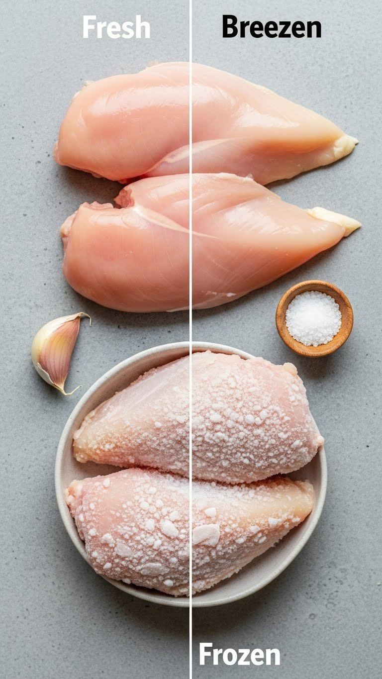 Side-By-Side Comparison Of Fresh Pink Chicken Breasts Versus Frozen Frost-Covered Chicken Breasts On Stone Surface