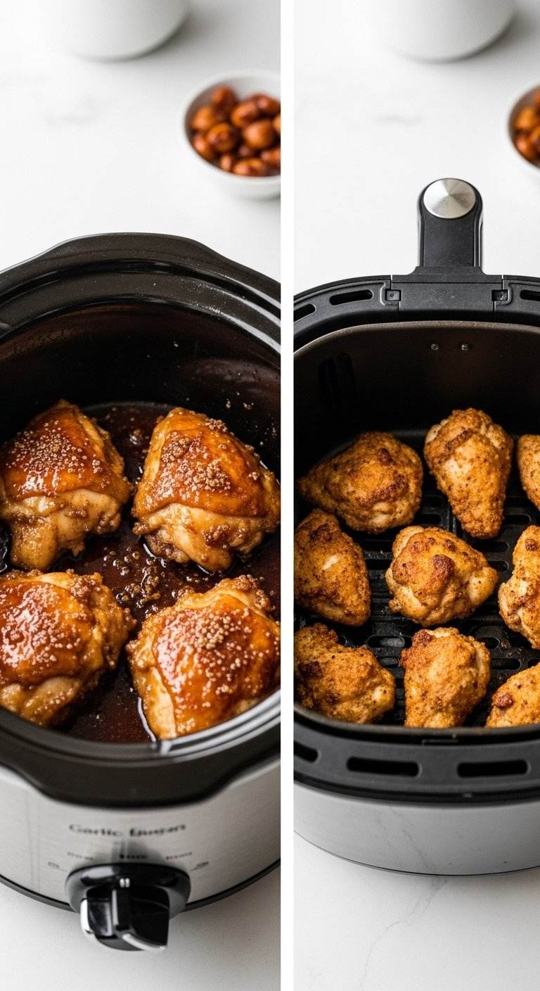 Side-By-Side Comparison Of Glistening Chicken In A Slow Cooker And Crispy Pieces In An Air Fryer Basket.