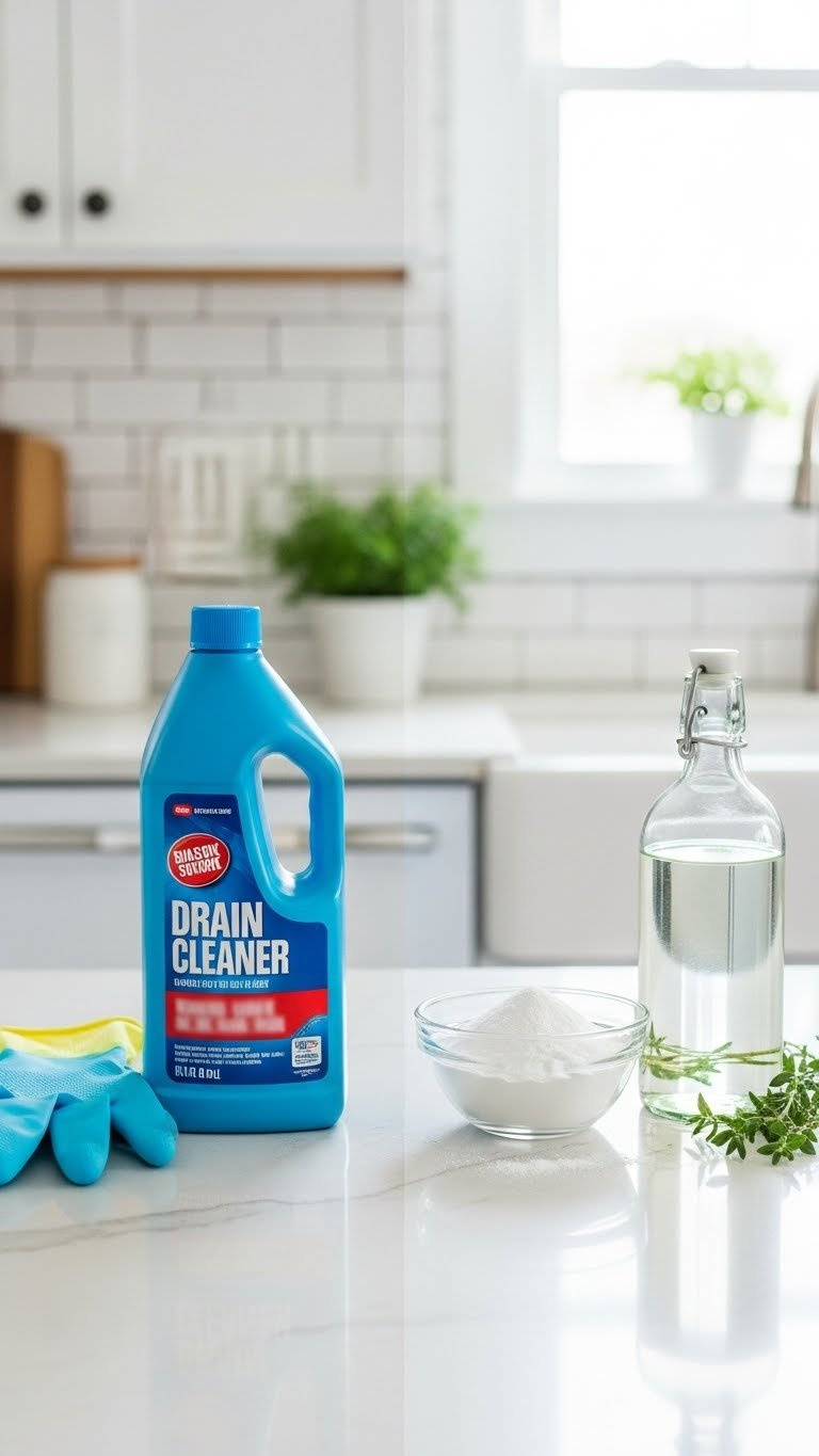 Side-By-Side Comparison Of Harsh Commercial Drain Cleaner Versus Natural Baking Soda And Vinegar Diy Solution