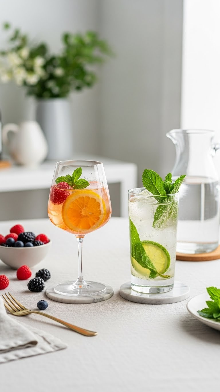 Side-By-Side Comparison Of Low-Calorie Alcoholic Spritz And Herbal Mocktail In Elegant Glassware On Light Linen Tablecloth