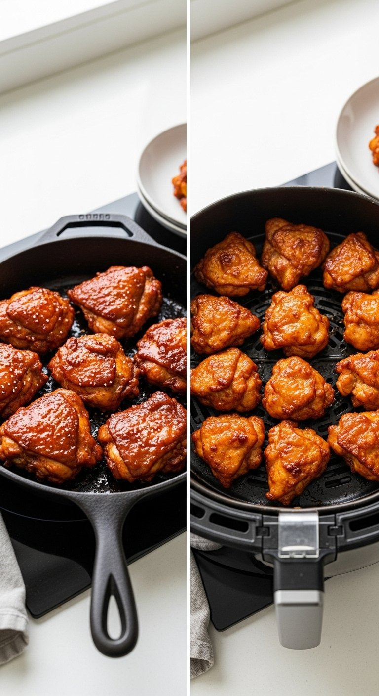 Side-By-Side Comparison Of Pan-Fried Gochujang Chicken In A Skillet And Air Fryer Chicken Pieces.