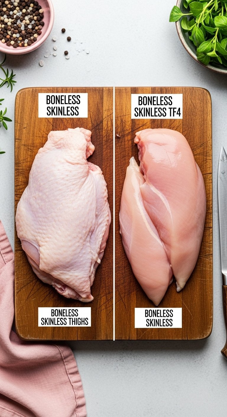 Side-By-Side Comparison Of Raw Boneless Chicken Thighs And Breasts On A Wooden Cutting Board.