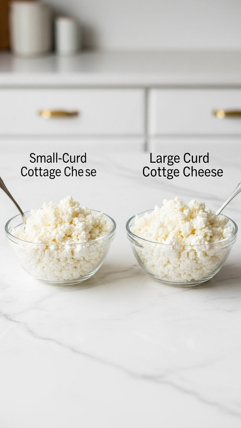 Side-By-Side Comparison Of Small-Curd And Large-Curd Cottage Cheese Textures In Clear Glass Bowls