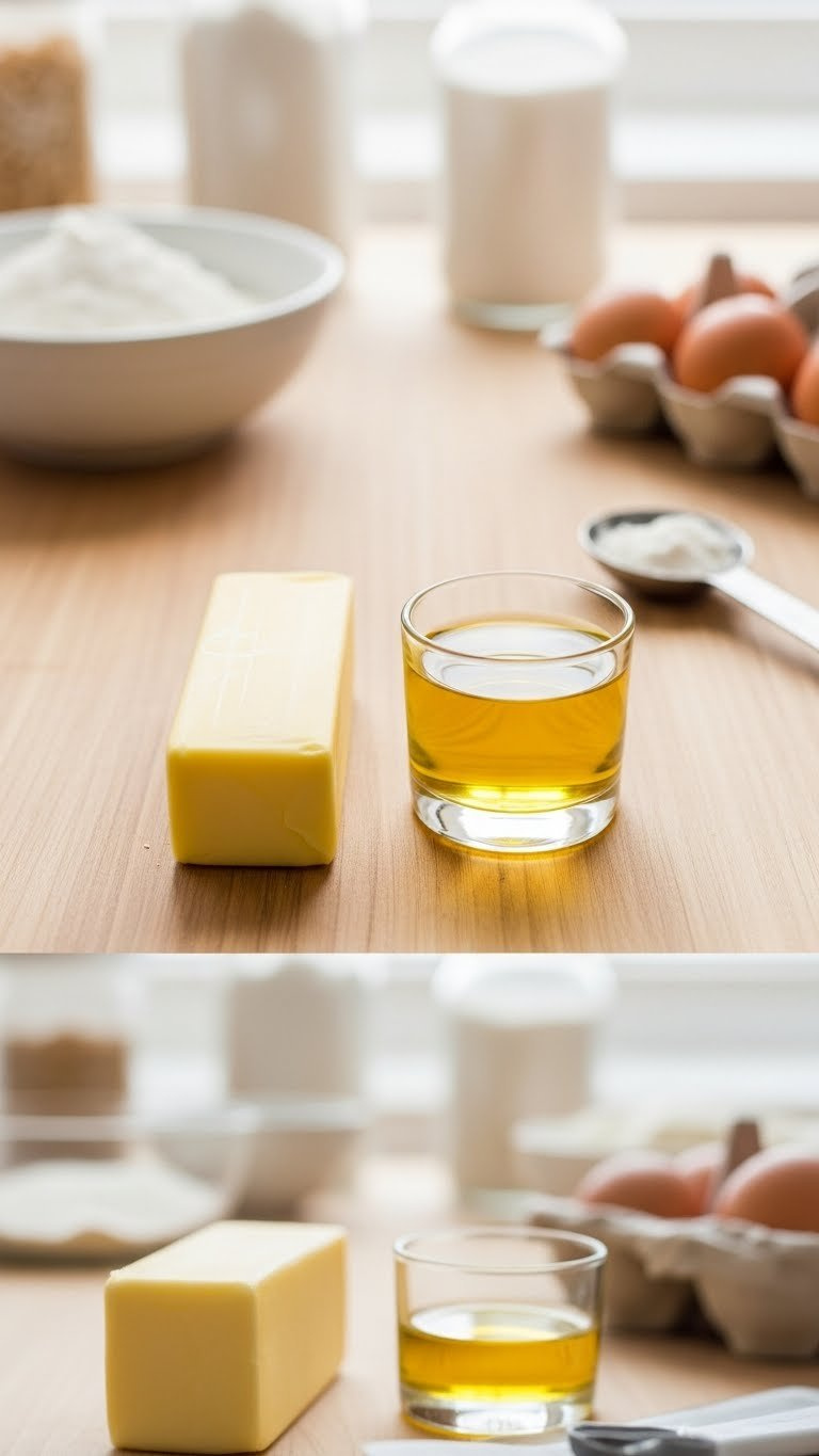 Side-By-Side Comparison Of Unsalted Butter Stick And Vegetable Oil In Glass Measuring Cup For Baking Fat Selection Options.