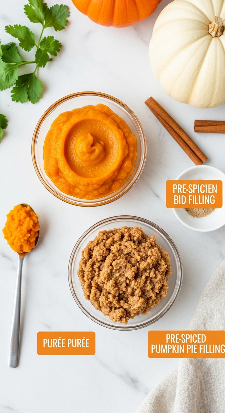 Side-By-Side Comparison: Vibrant Pumpkin Purée Versus Dull Pre-Spiced Pumpkin Pie Filling In Glass Bowls On Marble.