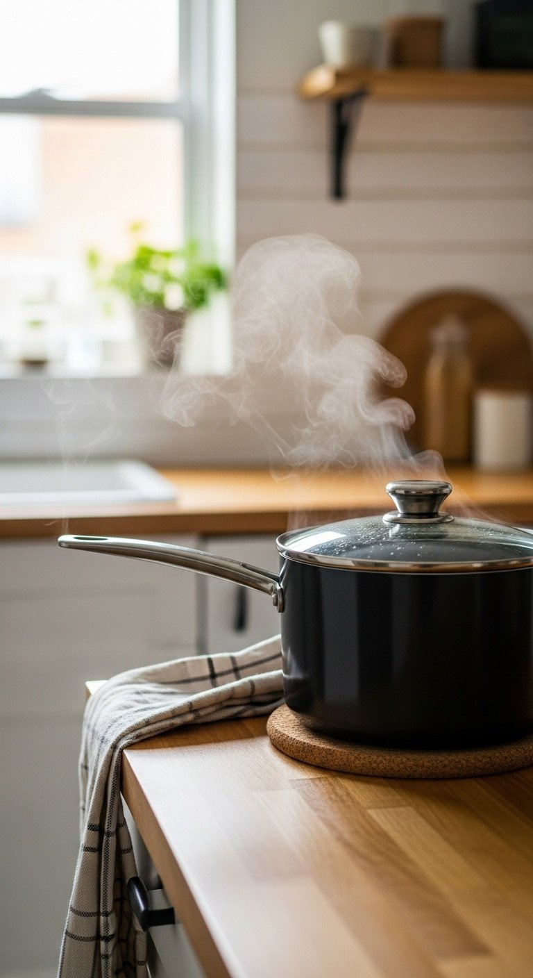 Side View Of A Covered Saucepan Resting On A Cork Trivet On A Butcher Block Countertop, With Steam Escaping From The Lid.