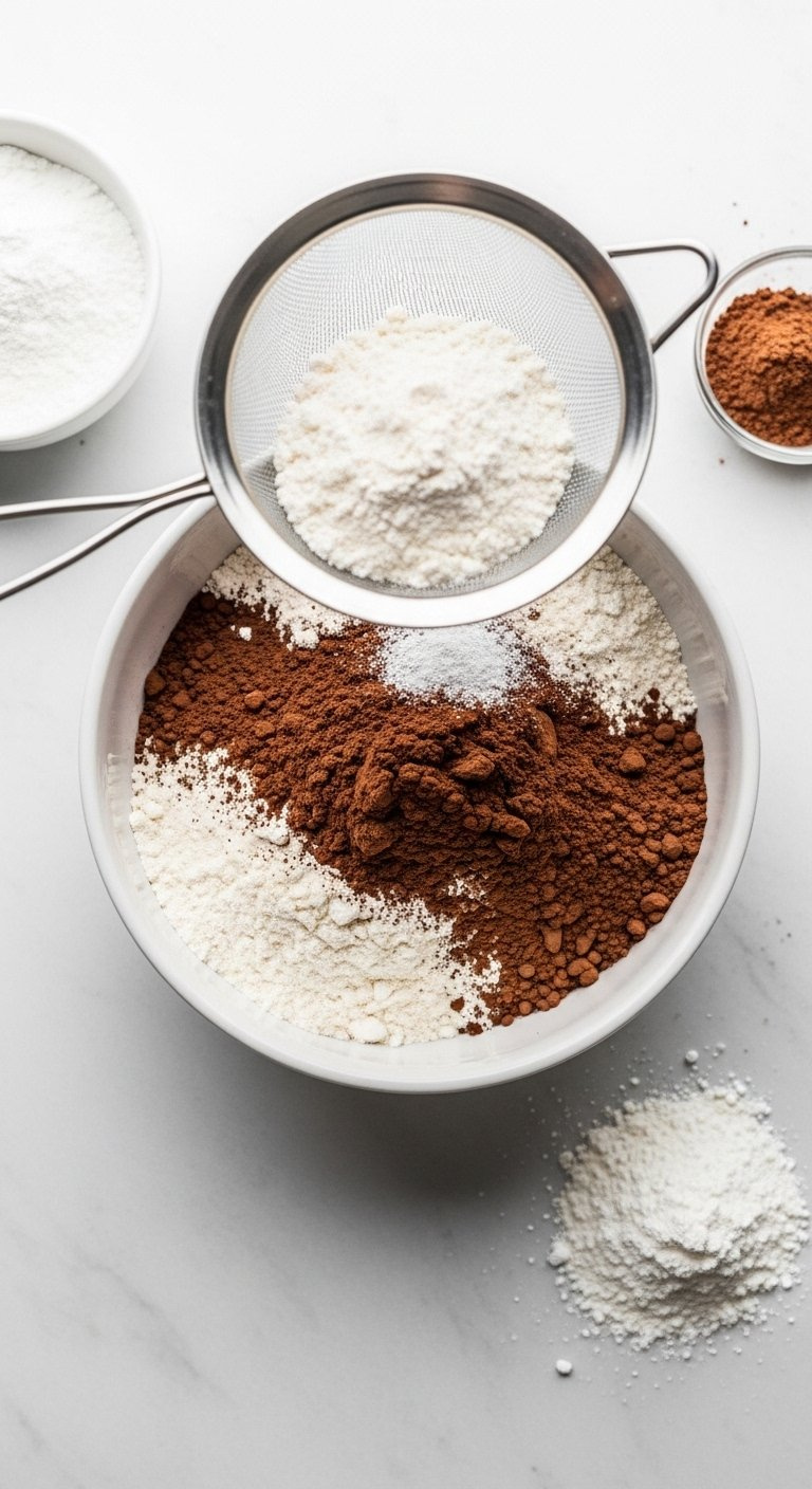 Sifting Fine Cocoa Powder And White Flour Through A Mesh Sieve Into A Ceramic Bowl On Marble.