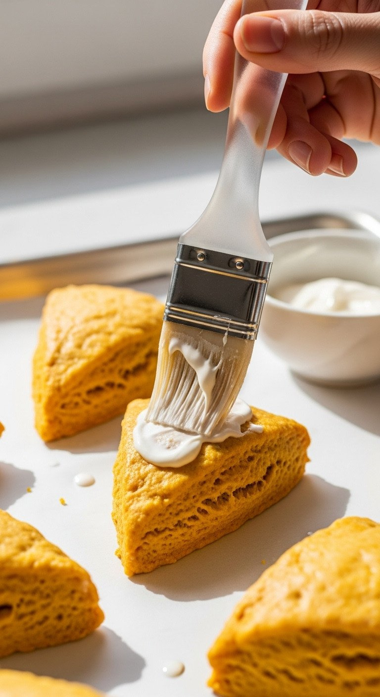 Silicone Pastry Brush Applying Heavy Cream Onto Unbaked Triangular Pumpkin Scone On A Parchment-Lined Tray For A Perfect Finish.